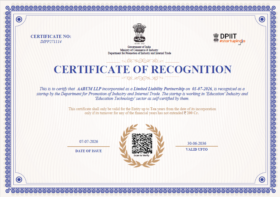 AARUM LLP DPIIT Startup India Certificate of Recognition