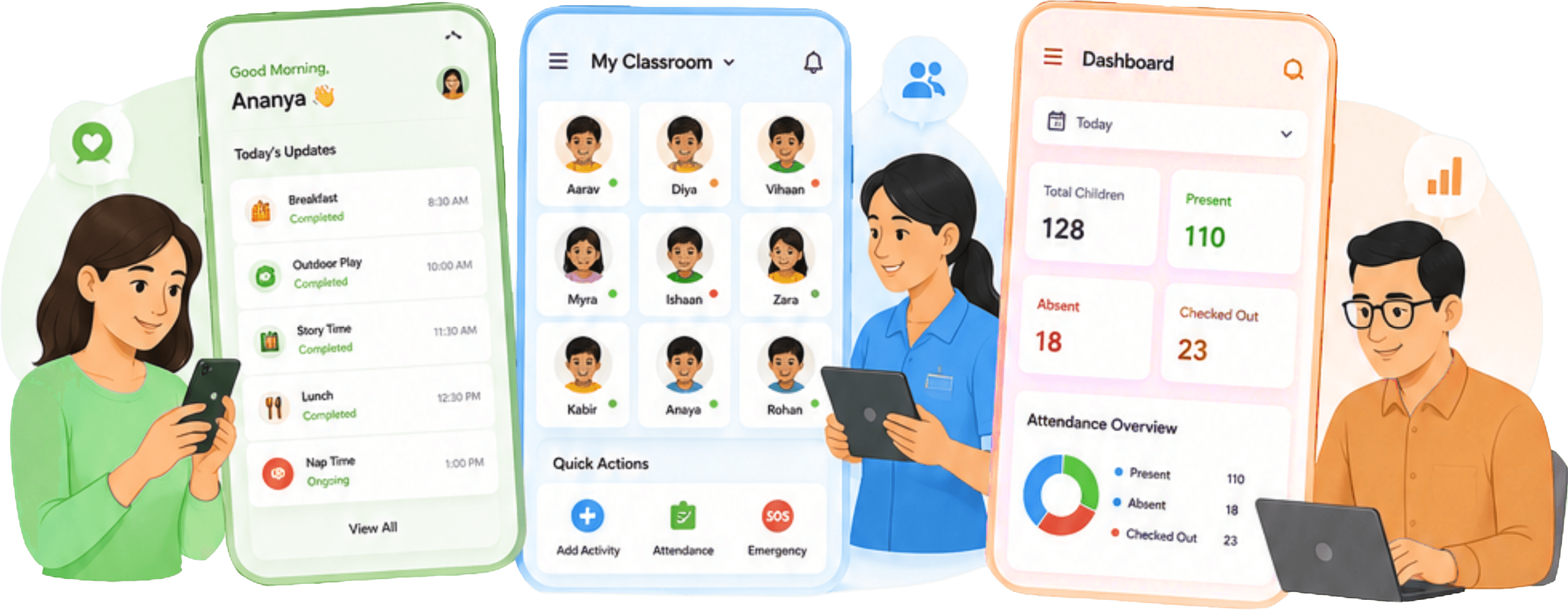 Parent, teacher, and admin using the AARUM apps